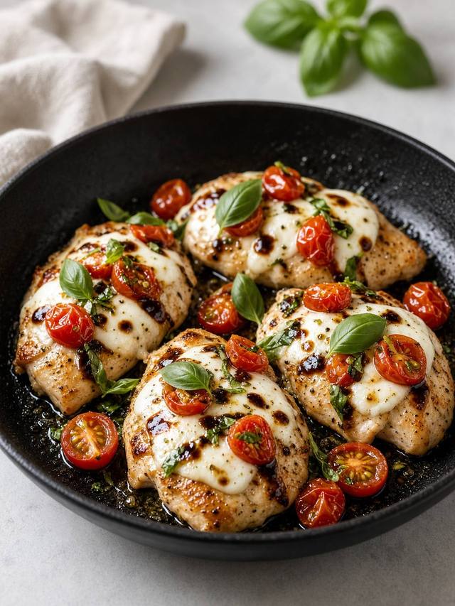 Chicken skillet topped with melted mozzarella, tomatoes, and basil.