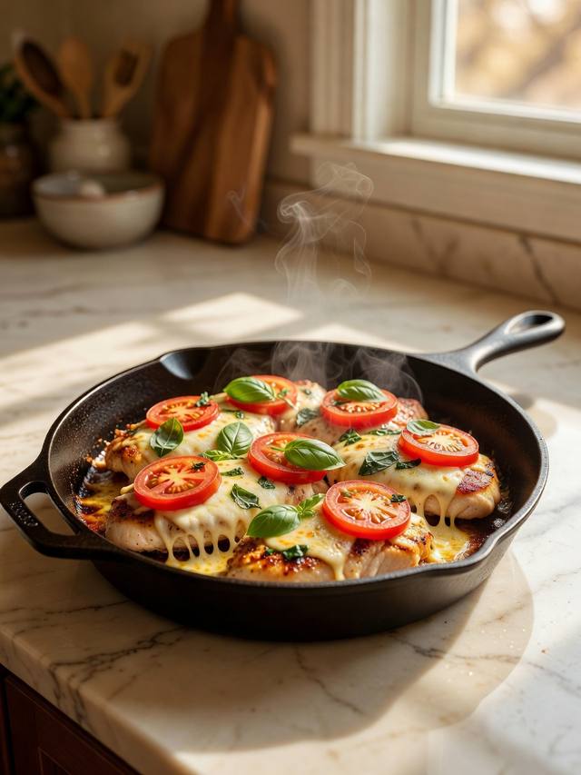 Skillet of chicken breasts topped with melted mozzarella, tomato slices, and basil