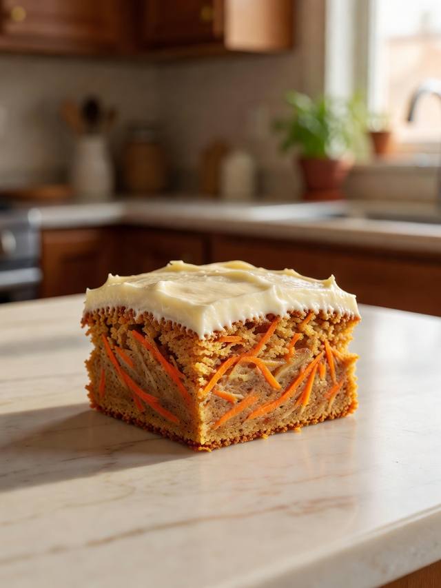 Square of carrot cake with cream cheese frosting and a moist crumb full of shredded carrot