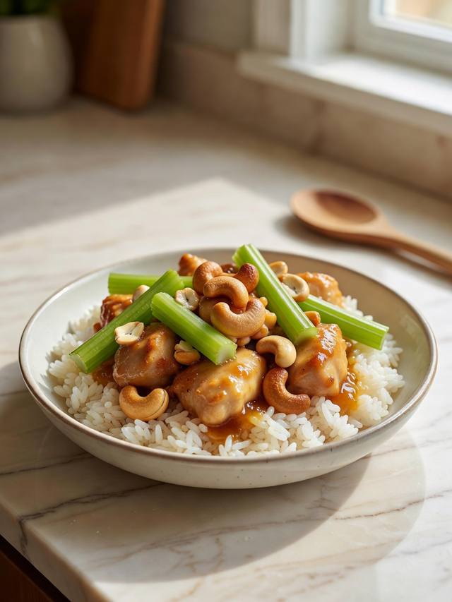 Cashew chicken with celery and roasted cashews in a glossy sauce over rice