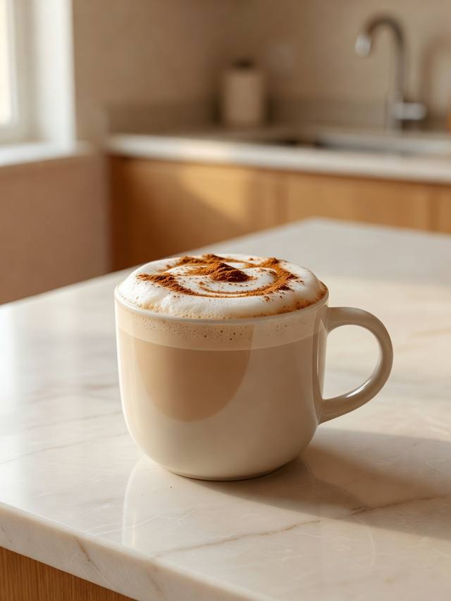 Mug of milky chai latte with a dusting of ground cinnamon on the foam