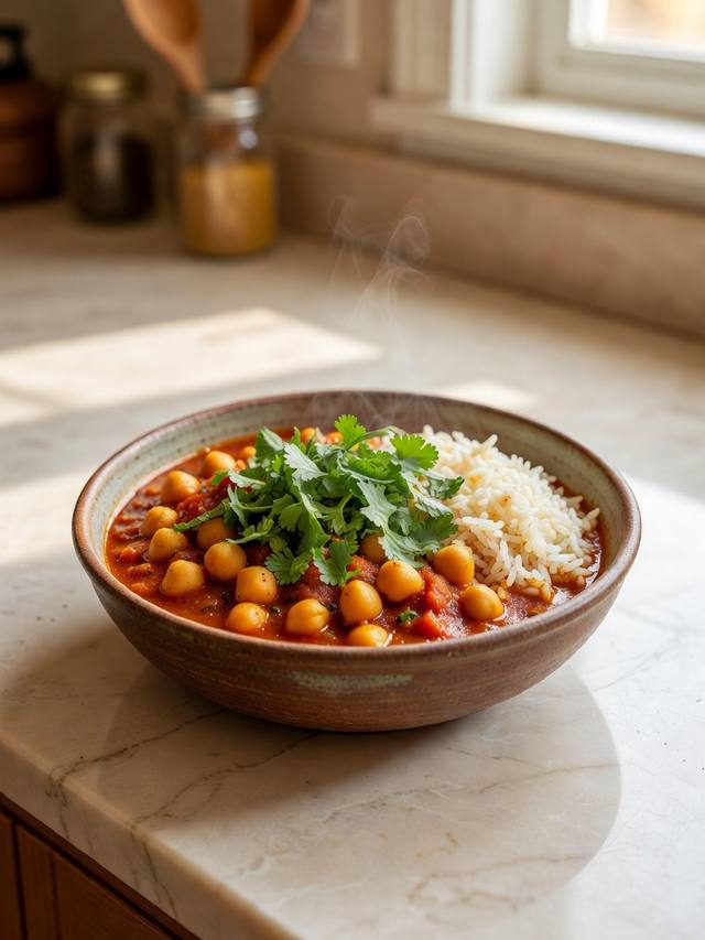 Bowl of chana masala with chickpeas in a thick tomato gravy, cilantro, and rice