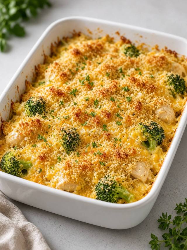 A baking dish of chicken breasts and green broccoli under a yellow cheddar sauce, the breadcrumb top golden and broken where a portion was lifted out.