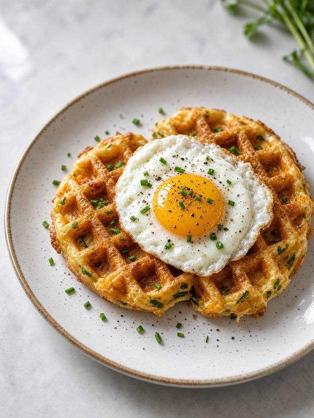 Crisp cheddar-flecked waffles topped with a fried egg and scattered chives.