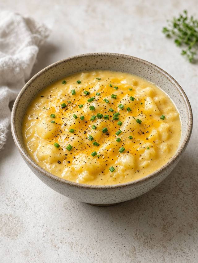 A thick yellow-orange soup of soft potato, melted cheddar, and visible bits of onion, with no bacon on top.