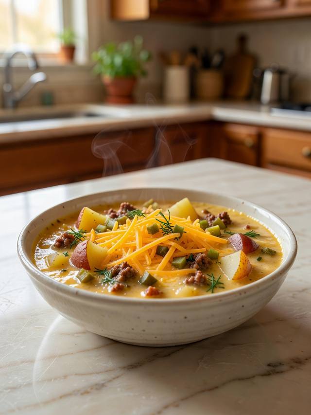 Bowl of creamy cheeseburger soup with potatoes, cheddar, and diced pickles