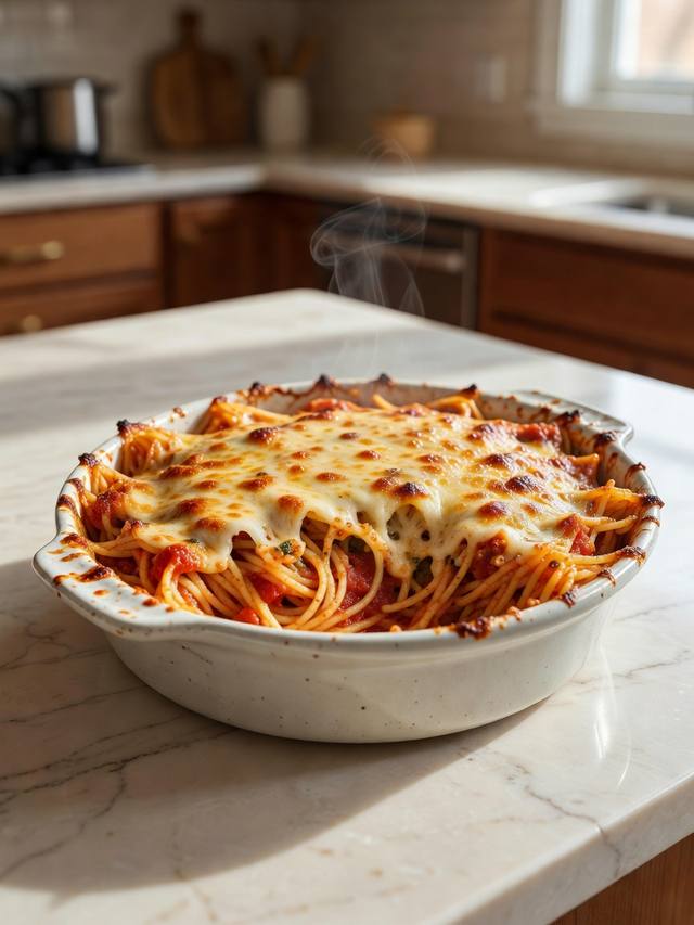 A casserole of baked spaghetti with a golden cheese top and a portion scooped out