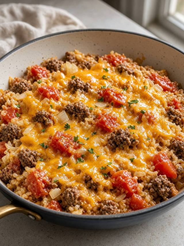 Cheesy beef and rice skillet with tomato and melted cheddar.