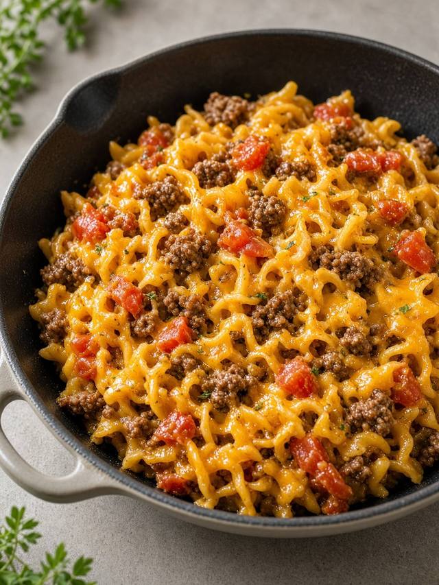 A skillet of tender egg noodles and crumbled beef in a tomato sauce, streaked with melted cheddar.