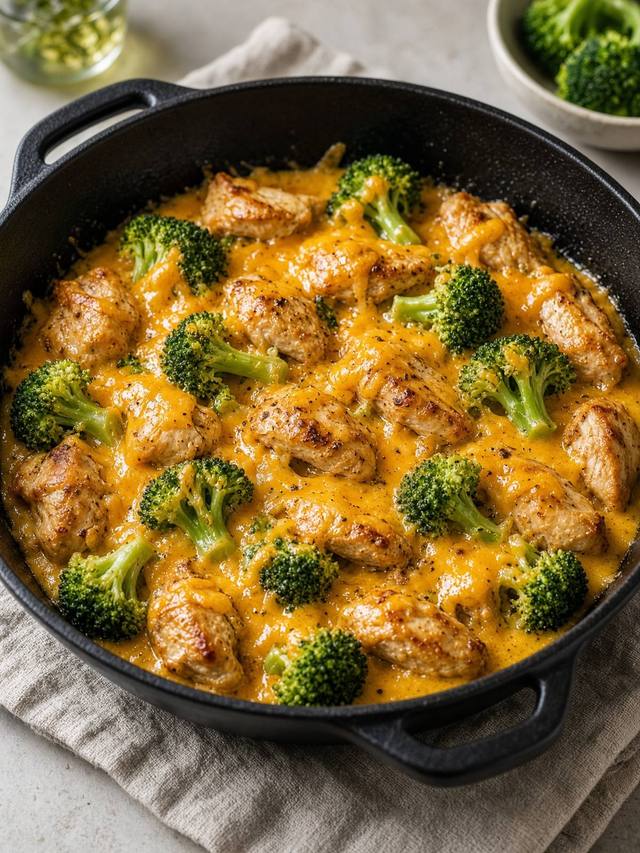 Chicken and broccoli in a cheddar skillet sauce.