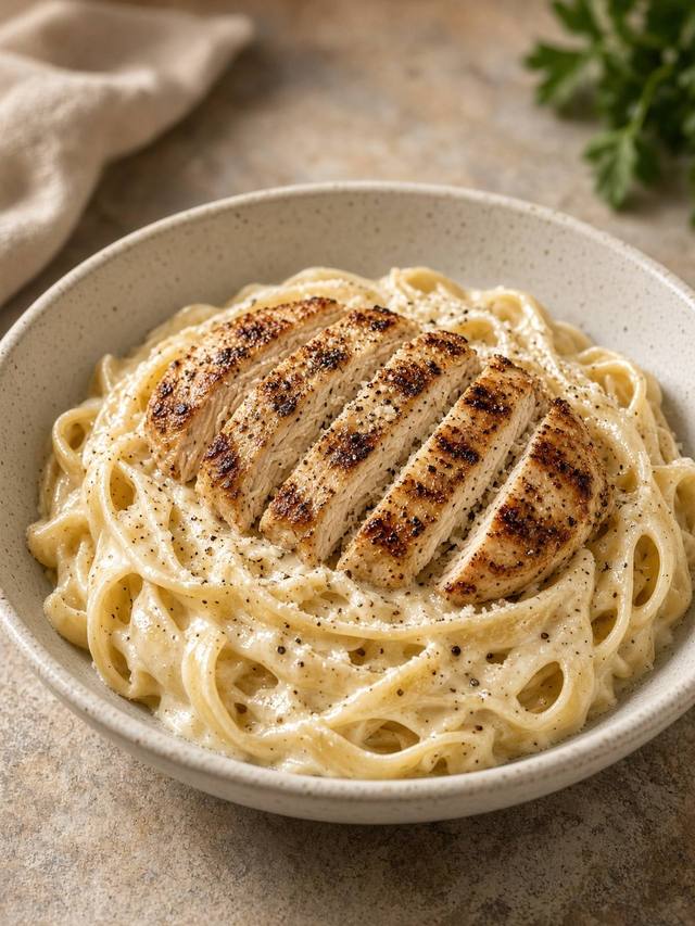 Fettuccine in a white parmesan alfredo sauce with slices of grilled chicken.