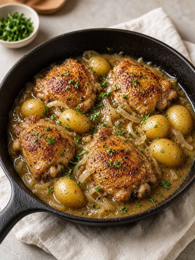 Chicken thighs and potatoes in onion gravy.