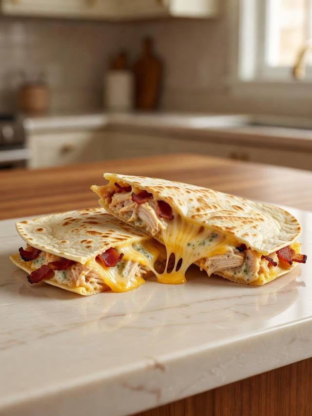 Halved chicken bacon ranch quesadillas with melted cheddar and crisp bacon