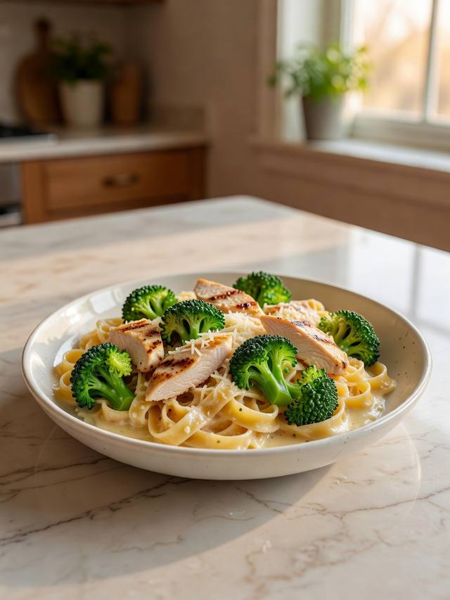 Fettuccine with sliced chicken, broccoli florets, and a creamy Parmesan sauce