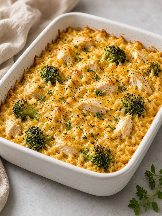 A baking dish of rice, chicken, and broccoli in a pale cheddar sauce, with browned cheese along the edges.