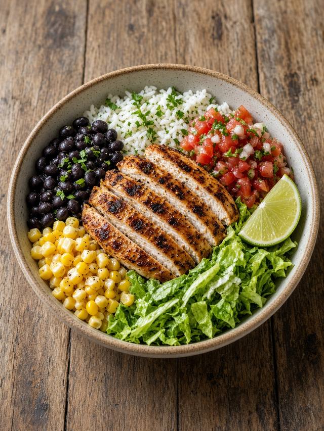 Chicken burrito bowl with rice, black beans, corn, salsa, and lettuce