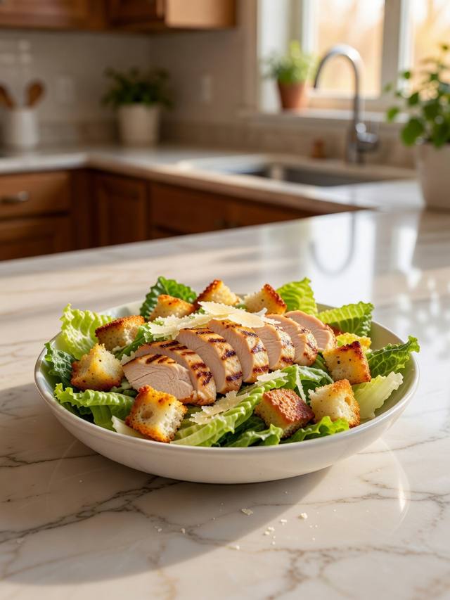 Chicken Caesar salad with sliced grilled chicken, romaine, croutons, and Parmesan
