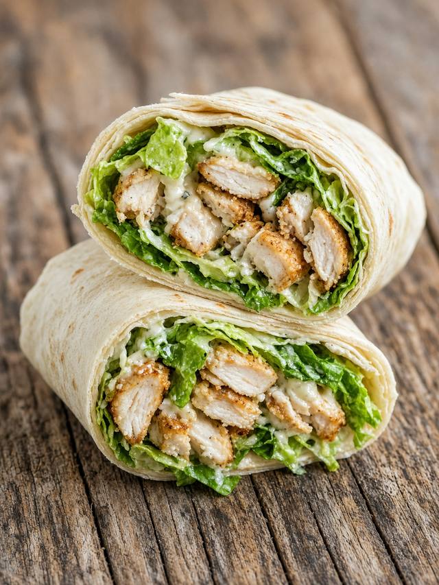 A chicken Caesar wrap cut in half