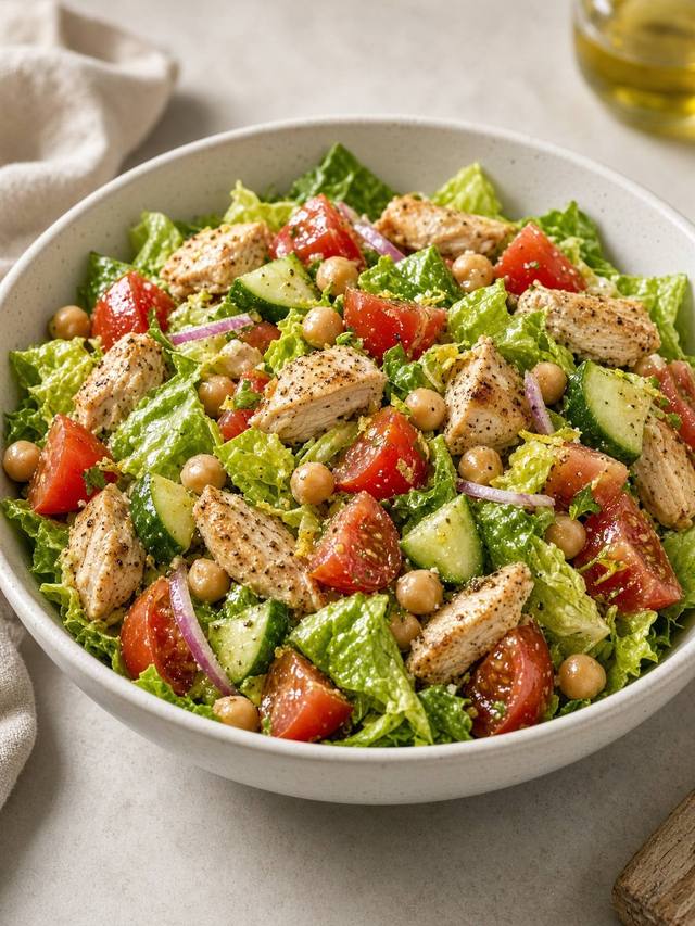 Chopped romaine salad with skillet chicken, tomato, cucumber, chickpeas, and lemon dressing.