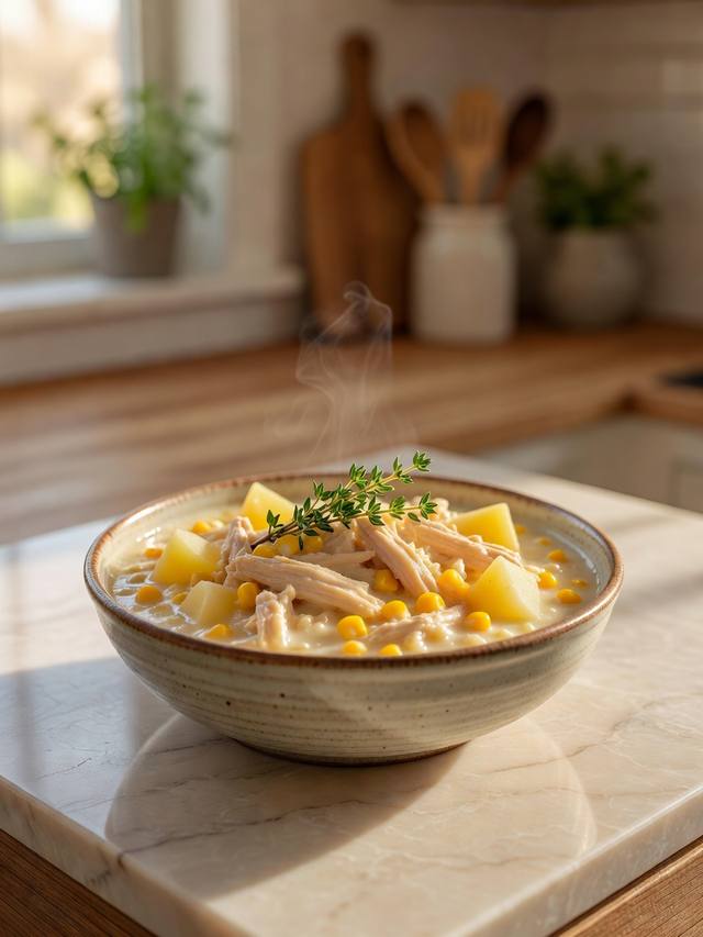 Bowl of chicken corn chowder with potatoes, corn, and a thyme garnish