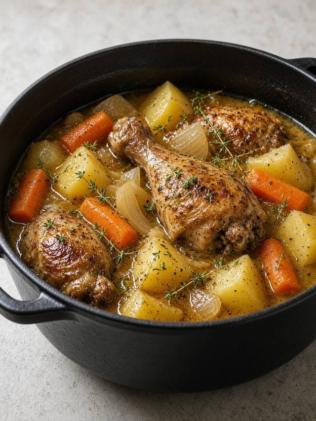 Drumstick stew with potato and carrot in a pot.