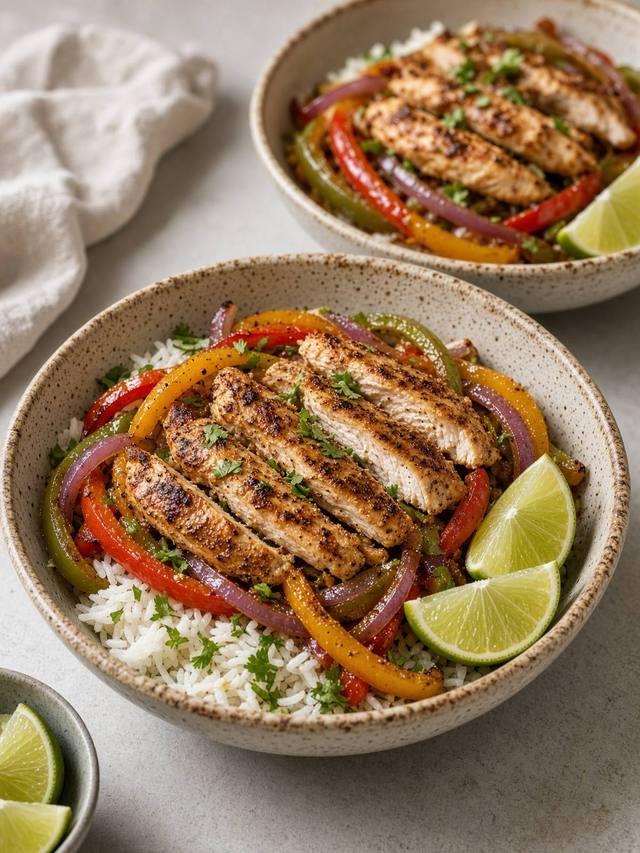 Chicken fajita rice bowls with peppers, onion, and lime.