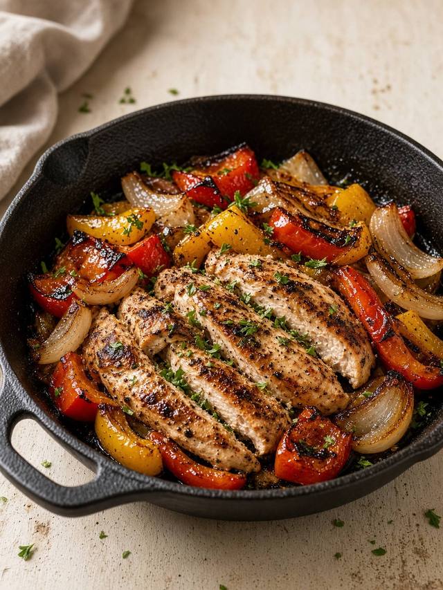 Sliced chicken with charred bell peppers and onions in a cast-iron skillet.