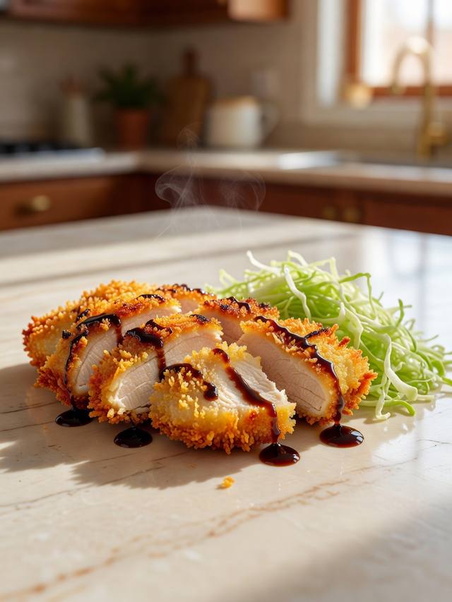 Sliced golden panko chicken cutlets with shredded cabbage and a dark glossy sauce