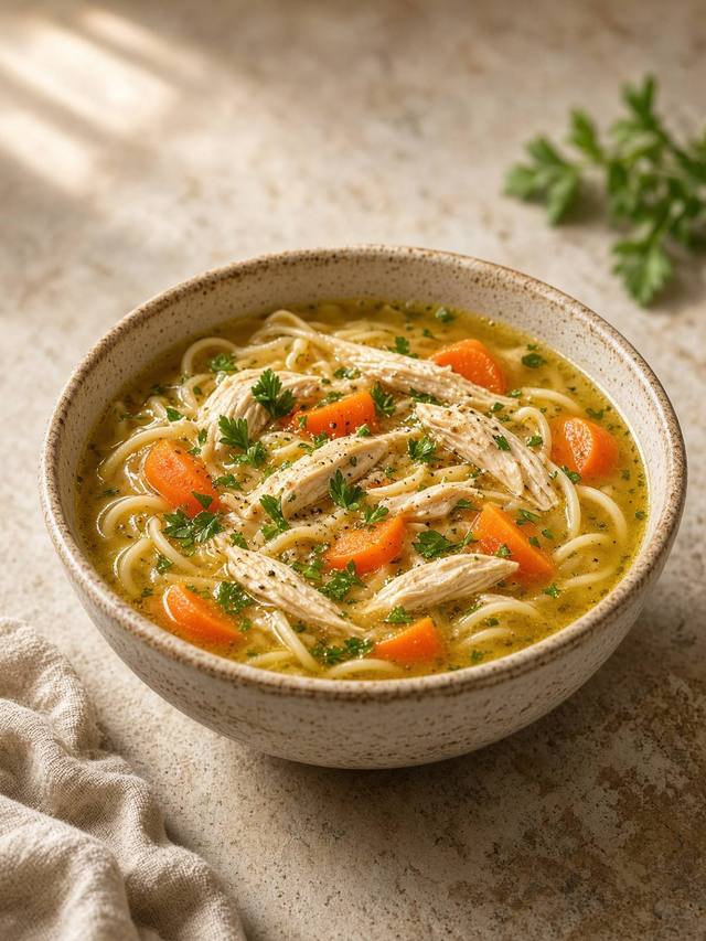 A bowl of chicken noodle soup with carrots, shredded chicken, and parsley.