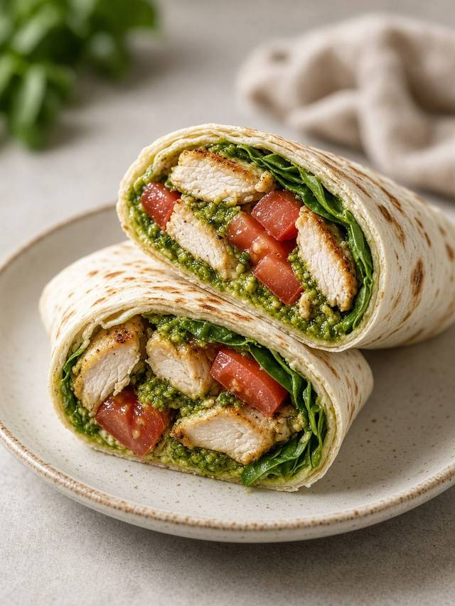 A halved tortilla wrap showing sliced chicken, green pesto, and tomato.