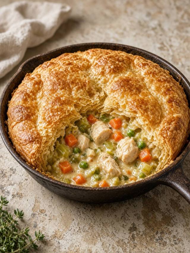 Skillet chicken pot pie with a golden puff pastry lid and a creamy filling.
