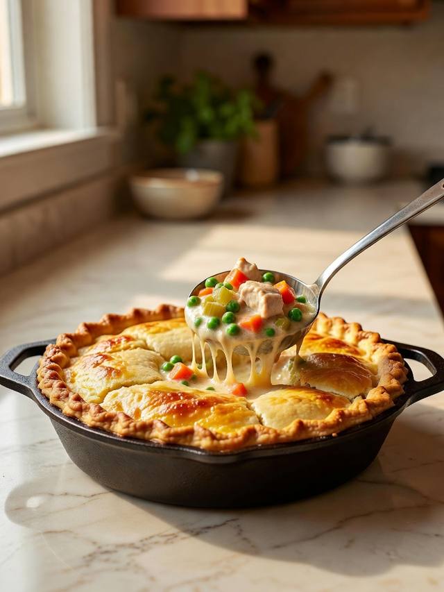 Skillet chicken pot pie with a golden crust and a ladle of creamy chicken and vegetable filling