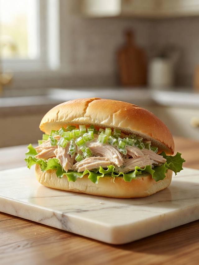Chicken salad on a soft roll with celery and lettuce