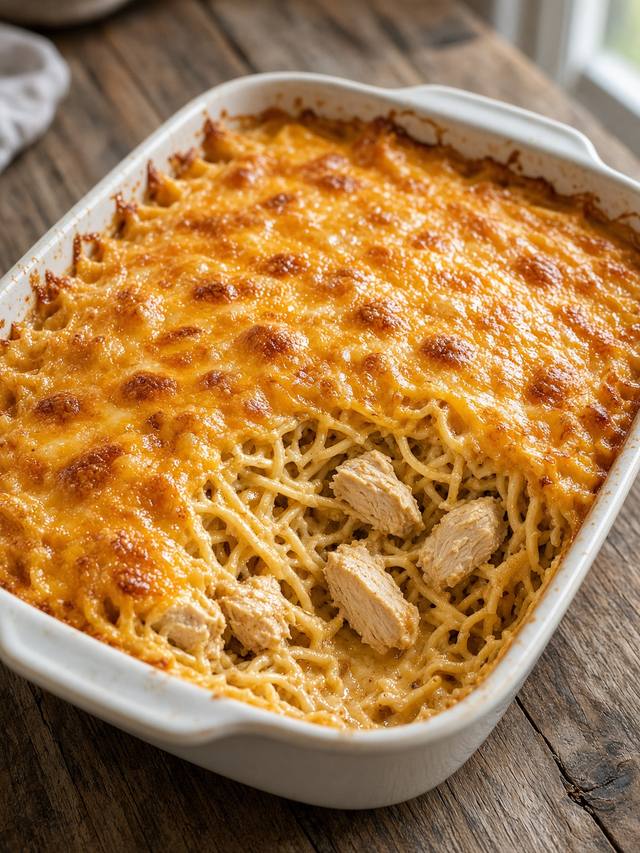 Baked chicken spaghetti with a melted cheddar top in a casserole dish