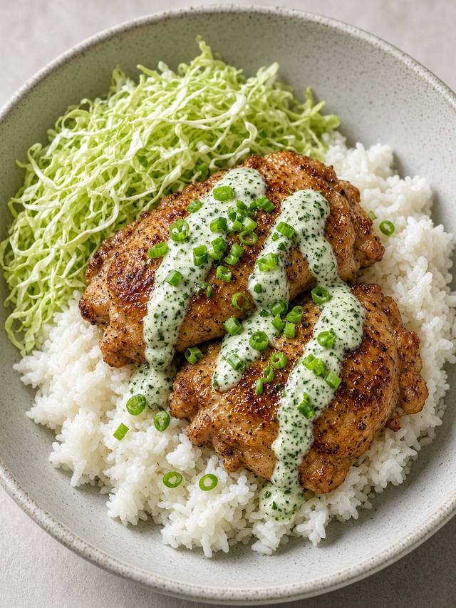 Chicken thighs over rice with cabbage slaw and a pale yogurt drizzle.