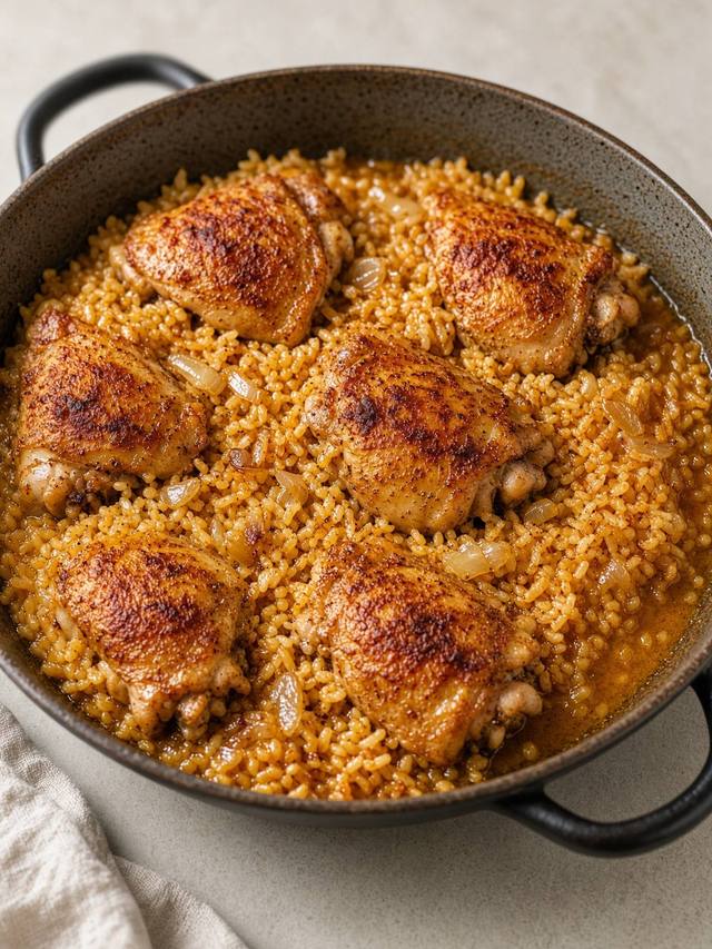 Chicken thighs and paprika rice in a skillet.