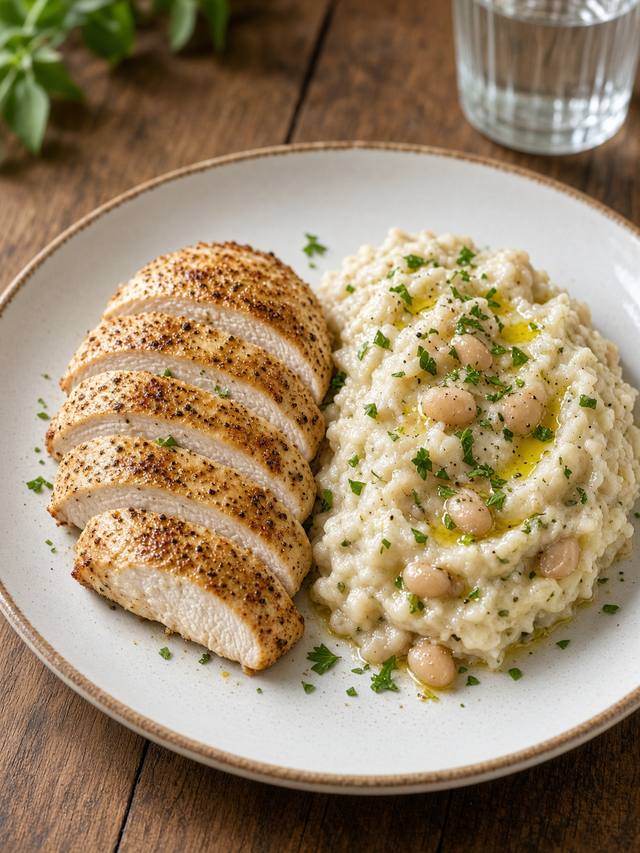 Seared chicken cutlets on a lemon white bean mash