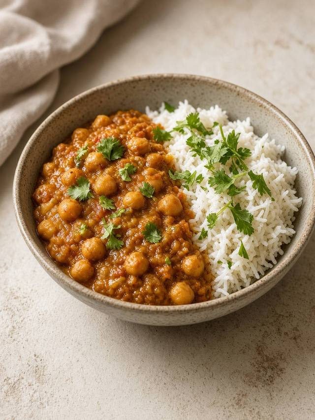 Chickpeas in a golden tomato curry with rice and cilantro.