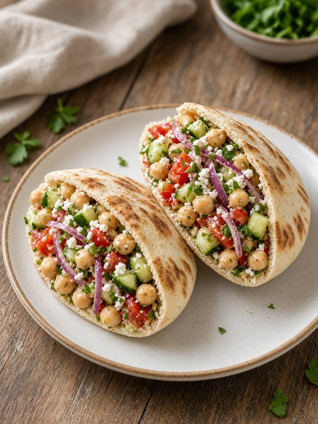 Pita stuffed with lemon chickpea salad and tomato