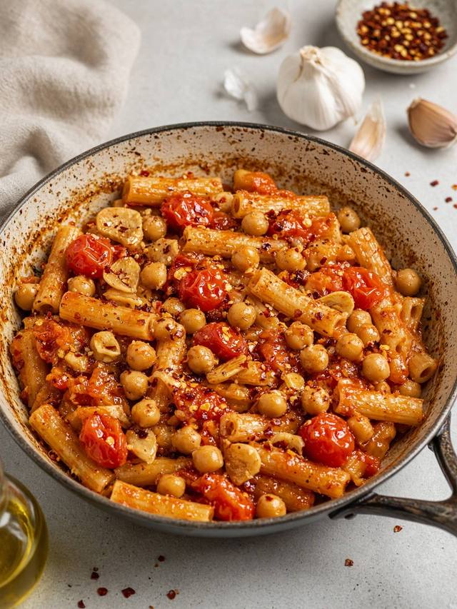 Pasta with chickpeas in a garlic tomato sauce.