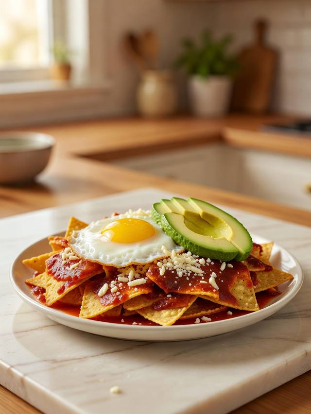 Plate of red chilaquiles with a fried egg, cotija, and avocado