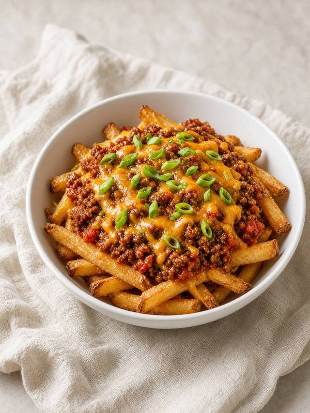 Crisp-edged potato fries under a thick beef chili, with cheddar melted across the top.