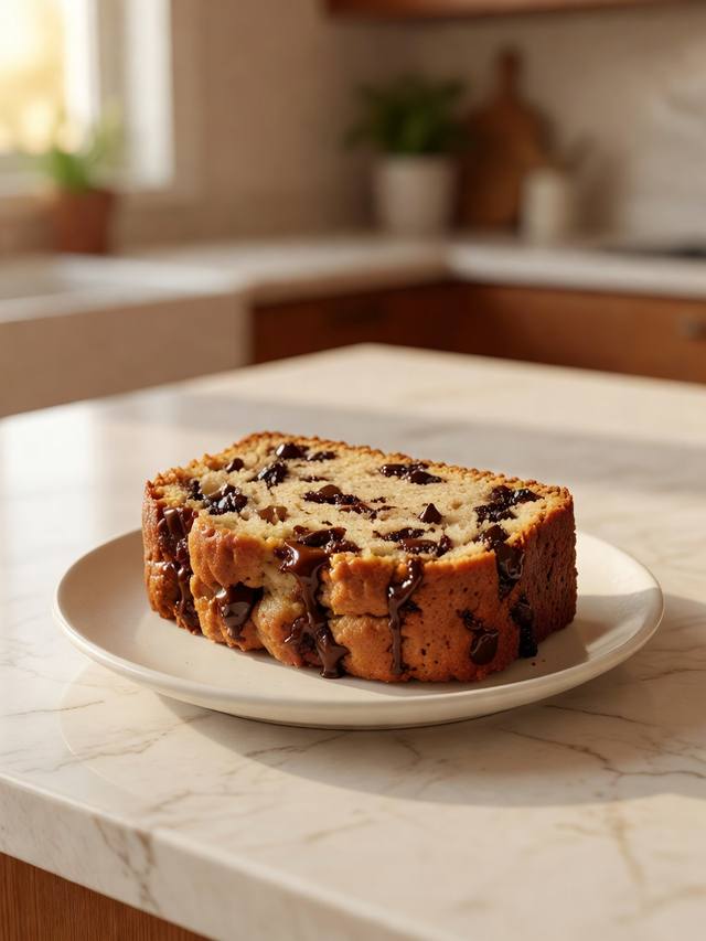 Slice of banana bread studded with melted chocolate chips on a plate