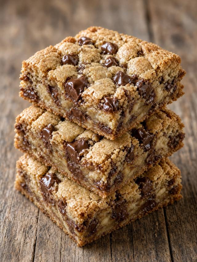 Square chocolate chip cookie bars stacked on a plate