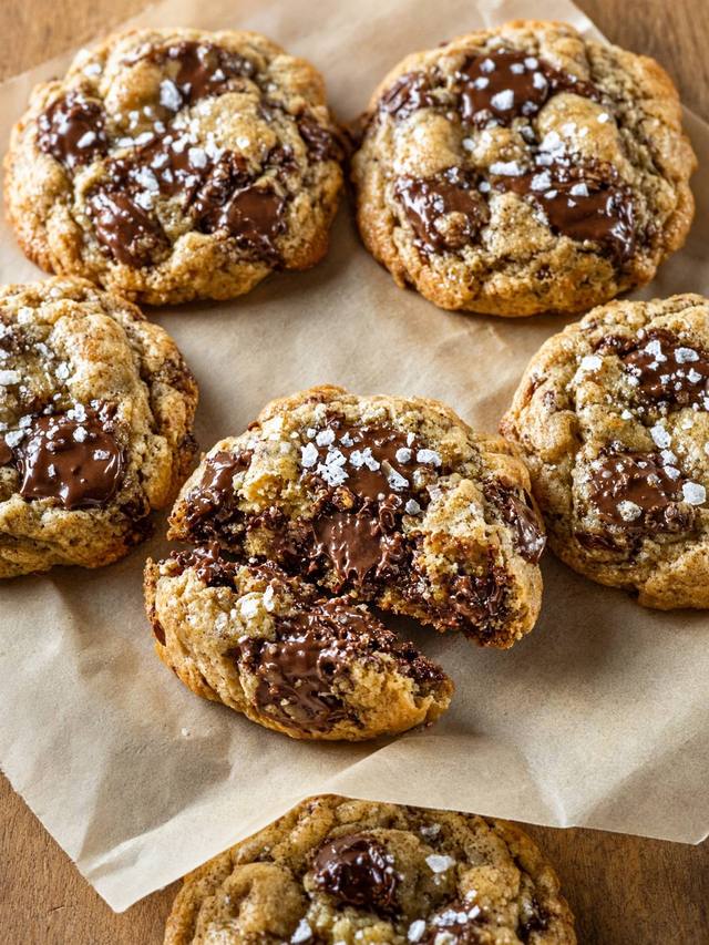 Chocolate chip cookies on a baking sheet with golden edges and soft centers.