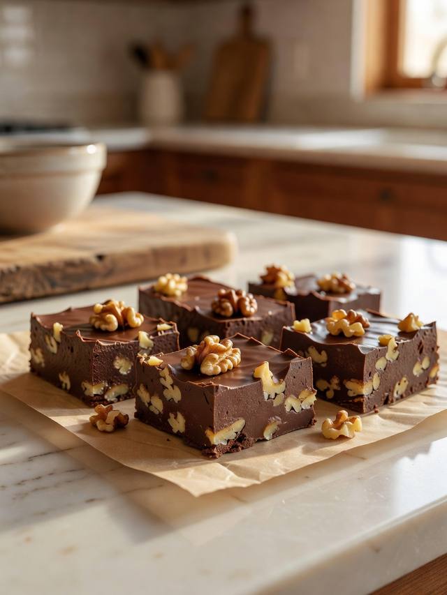 Squares of glossy chocolate fudge with chopped walnuts on parchment