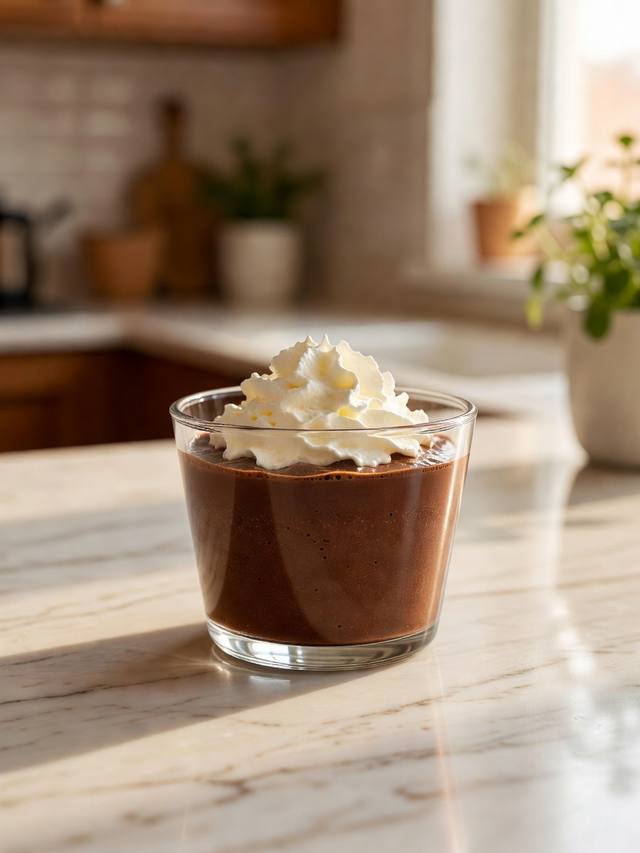 Dark chocolate mousse in a glass cup with a spoonful of whipped cream on top