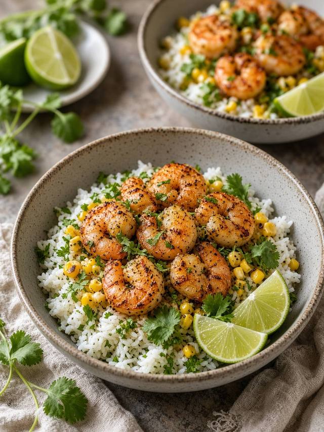 Shrimp rice bowls with corn, lime, and cilantro.