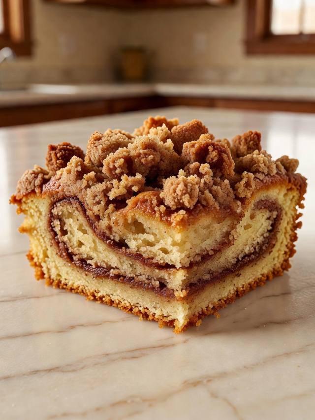 Square of cinnamon coffee cake with a thick brown streusel top and a cinnamon swirl in the crumb