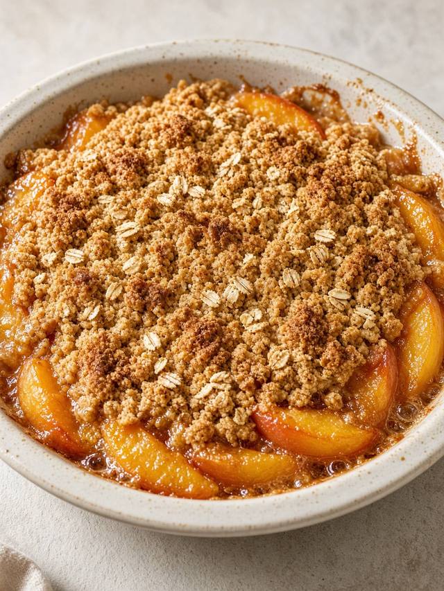 Peach crisp with a browned oat topping in a baking dish.